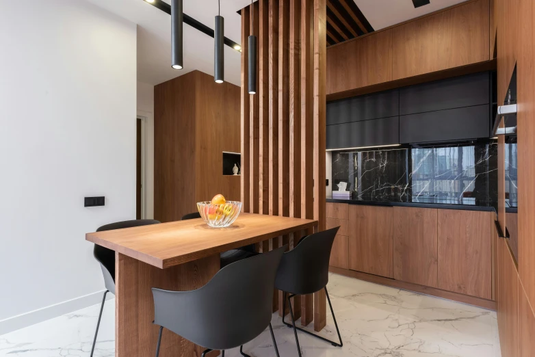 a kitchen table with a bowl of fruit on top of it, a 3D render, pexels contest winner, black vertical slatted timber, office ceiling panels, polish mansion kitchen, wooden furniture