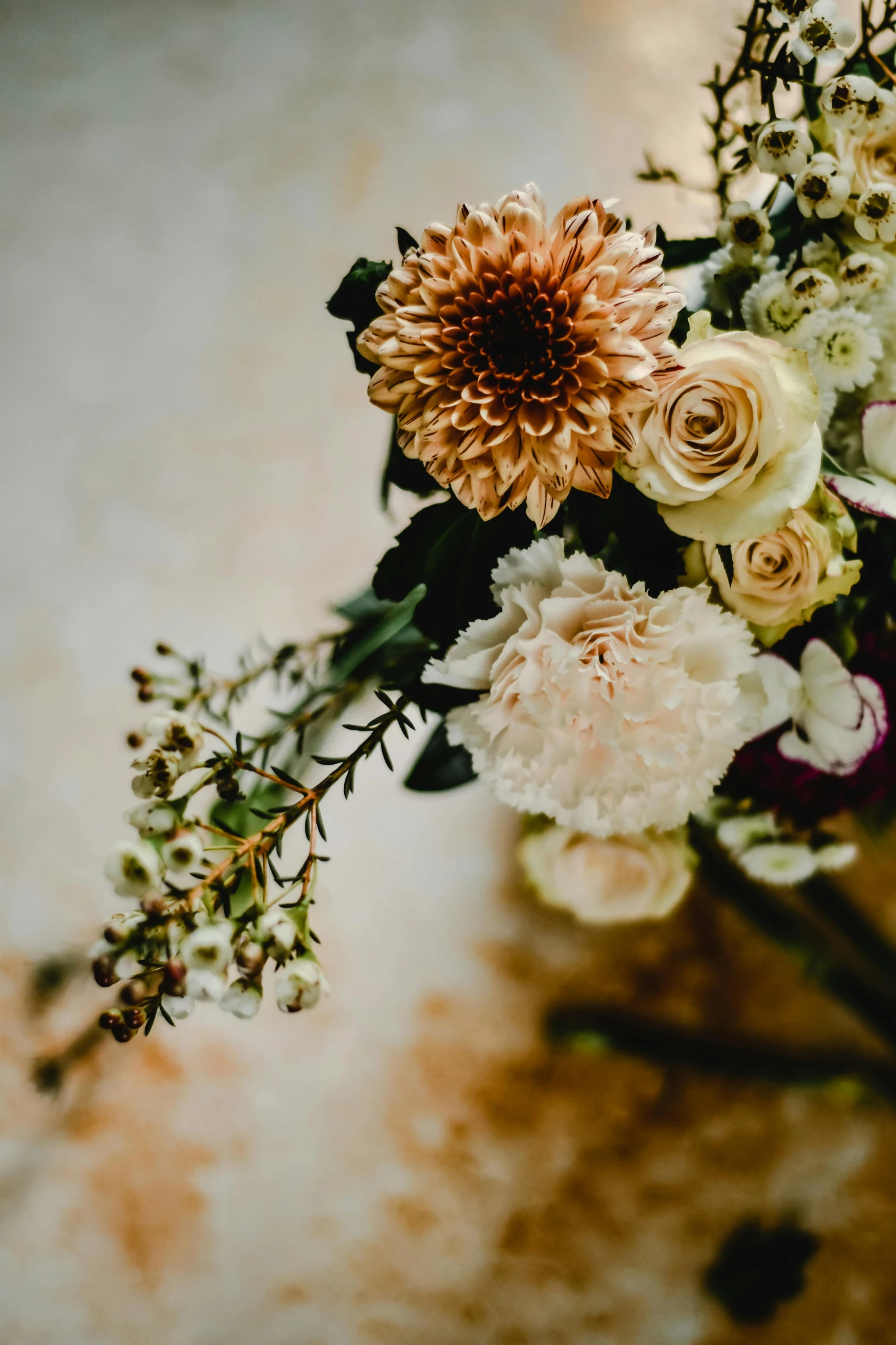 a bouquet of flowers sitting on top of a table, by Elsie Few, trending on unsplash, baroque, brown and cream color scheme, dramatic closeup composition, rugged details, natural and organic and flowing