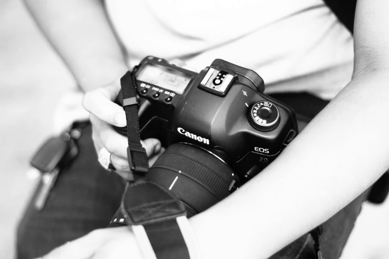 a black and white photo of a person holding a camera, canon eos - 1 d mark ii, medium format, !!! colored photography, event photography