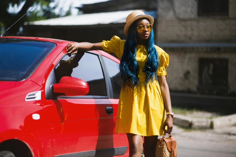 a woman in a yellow dress standing next to a red car, pexels contest winner, afrofuturism, beret and sunglasses, square, black teenage girl, wearing a sundress