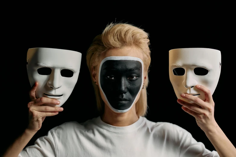 a woman holding three masks in front of her face, trending on pexels, hyperrealism, vantablack, avatar image, white and black color palette, boy with neutral face