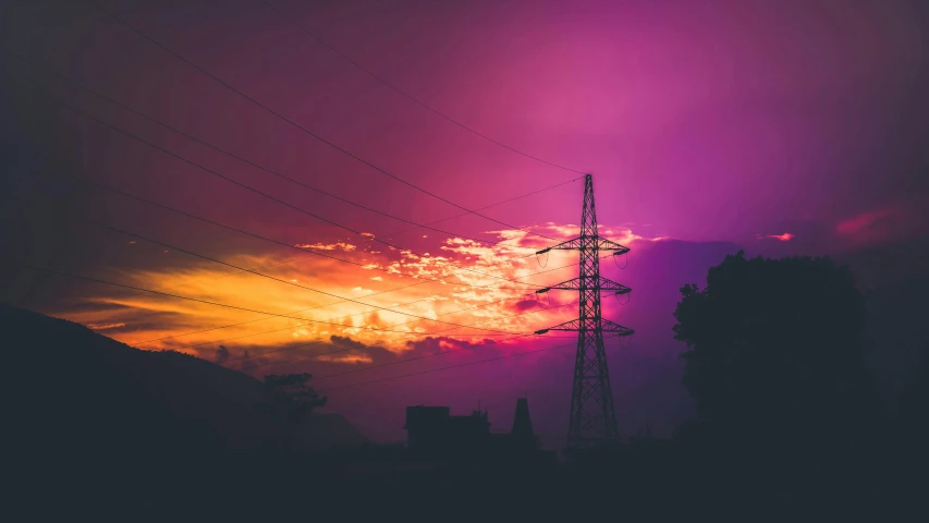 a sunset with power lines in the foreground, inspired by Elsa Bleda, pexels contest winner, purple and red, power bright neon energy, instagram post, multicolored