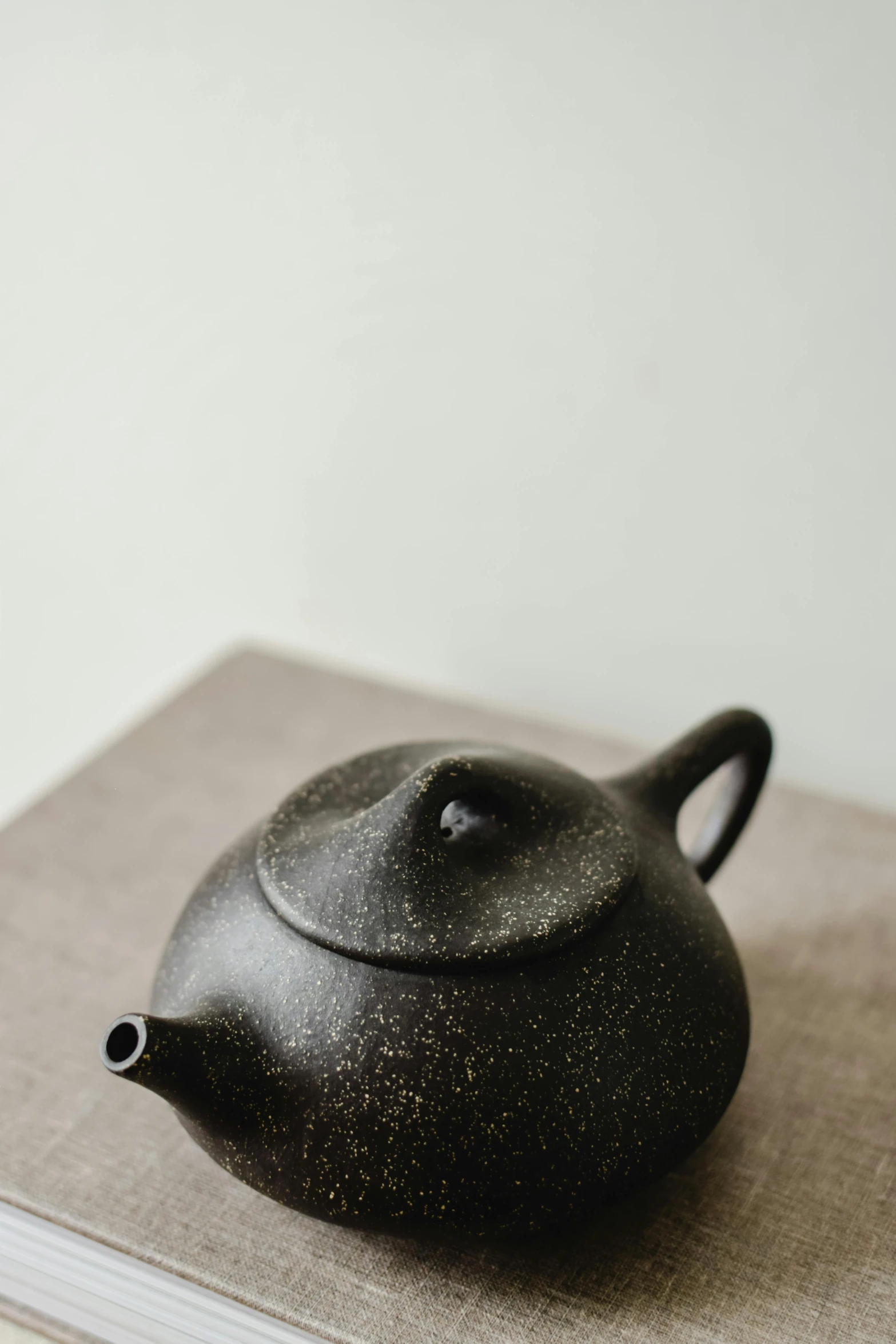 a black teapot sitting on top of a book, by Hendrik Gerritsz Pot, unsplash, mingei, side front view, speckled, clay, indoor