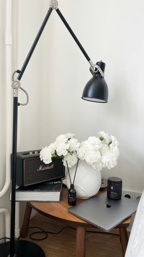 a lamp sitting on top of a wooden table next to a bed, inspired by George Ault, unsplash, black peonies, headphone stand, small and cosy student bedroom, lamps and flowers