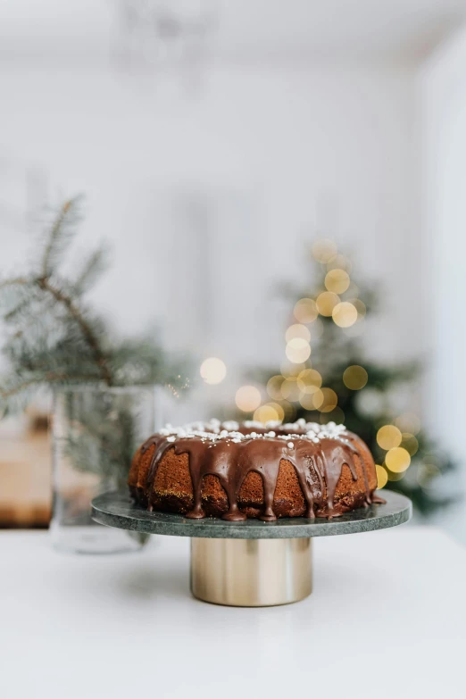 a bundt cake sitting on top of a glass plate, unsplash, snow glow, detailed product image, on kitchen table, bronze poli