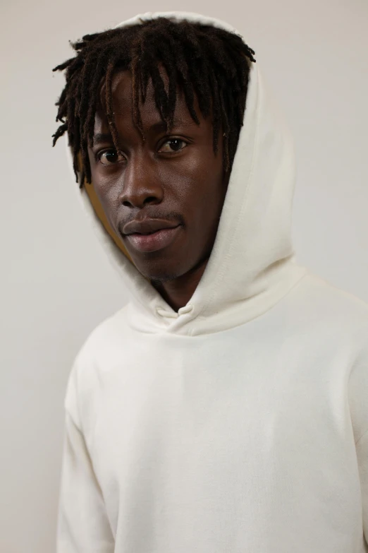 a man with dreadlocks wearing a white hoodie, off - white collection, looking to camera, kano), detailed product image