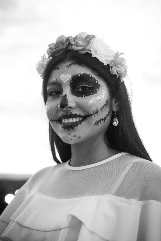 a black and white photo of a woman in day of the dead makeup, a black and white photo, by reyna rochin, pexels contest winner, isabela moner, slightly pixelated, an all white human, portait photo profile picture