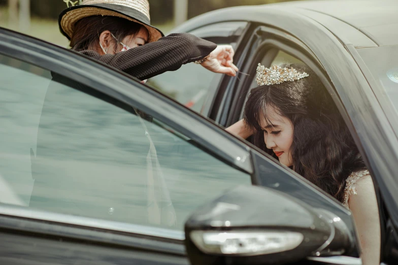 a man standing next to a woman in a car, pexels contest winner, chinese princess, headpiecehigh quality, square, flirting
