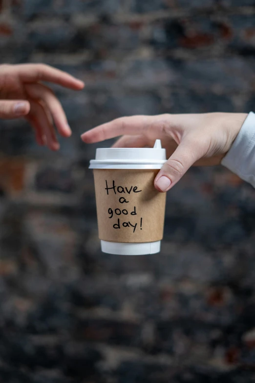 a person handing a cup of coffee to another person, graffiti, good day, thumbnail, without text, 1/60