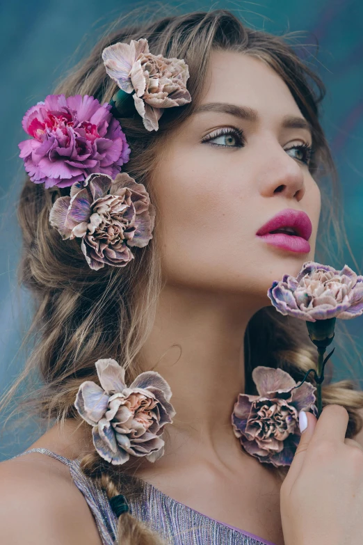 a woman with flowers in her hair, a colorized photo, trending on pexels, romanticism, mauve and cyan, peonies, made of flowers, fashion model features