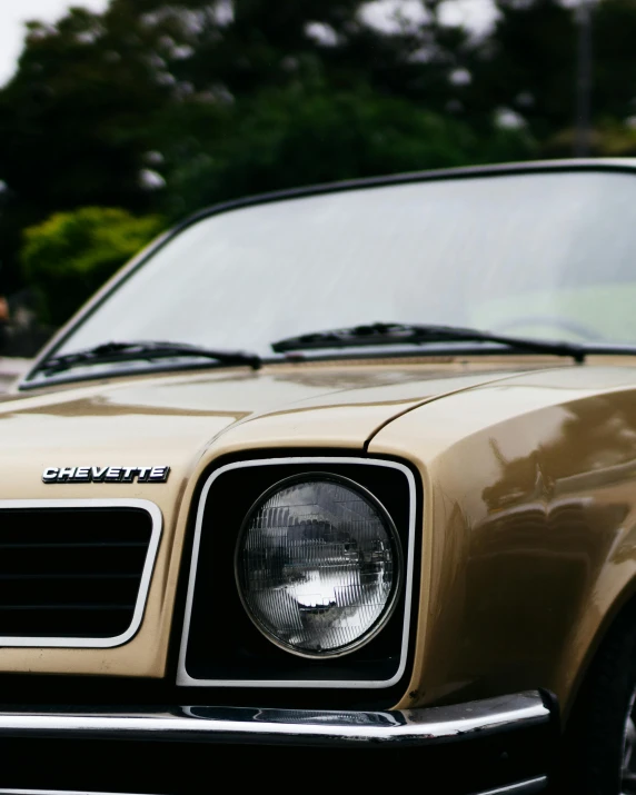 a brown car parked on the side of the road, by IAN SPRIGGS, pexels contest winner, 1 9 7 0 s car window closeup, 🚿🗝📝, heterochromia, cinematic front lightning