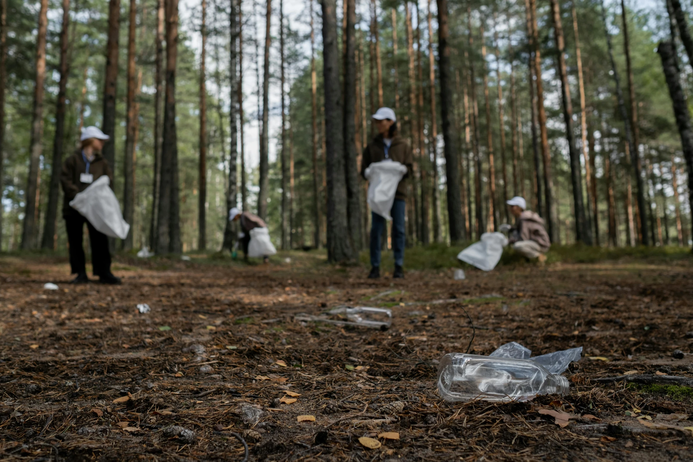 a group of people walking through a forest, by Grytė Pintukaitė, unsplash, environmental art, litter, bags on ground, white, sport