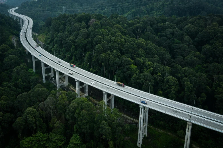an aerial view of a bridge in the middle of a forest, inspired by Cheng Jiasui, hurufiyya, cars on the road, malaysian, thumbnail, documentary still