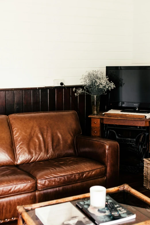 a living room filled with furniture and a flat screen tv, inspired by Tom Roberts, unsplash, private press, leather couch, cottage, brown, rustic