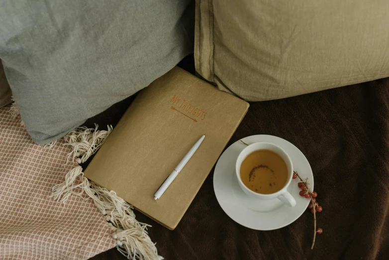 a cup of coffee and a book on a bed, a sketch, by Elsa Bleda, unsplash contest winner, notebook, beige, signed, brown