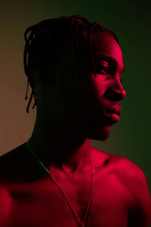 a man with dreadlocks standing in front of a green wall, an album cover, by Winona Nelson, pexels contest winner, high red lights, black teenage boy, delicate androgynous prince, profile shot
