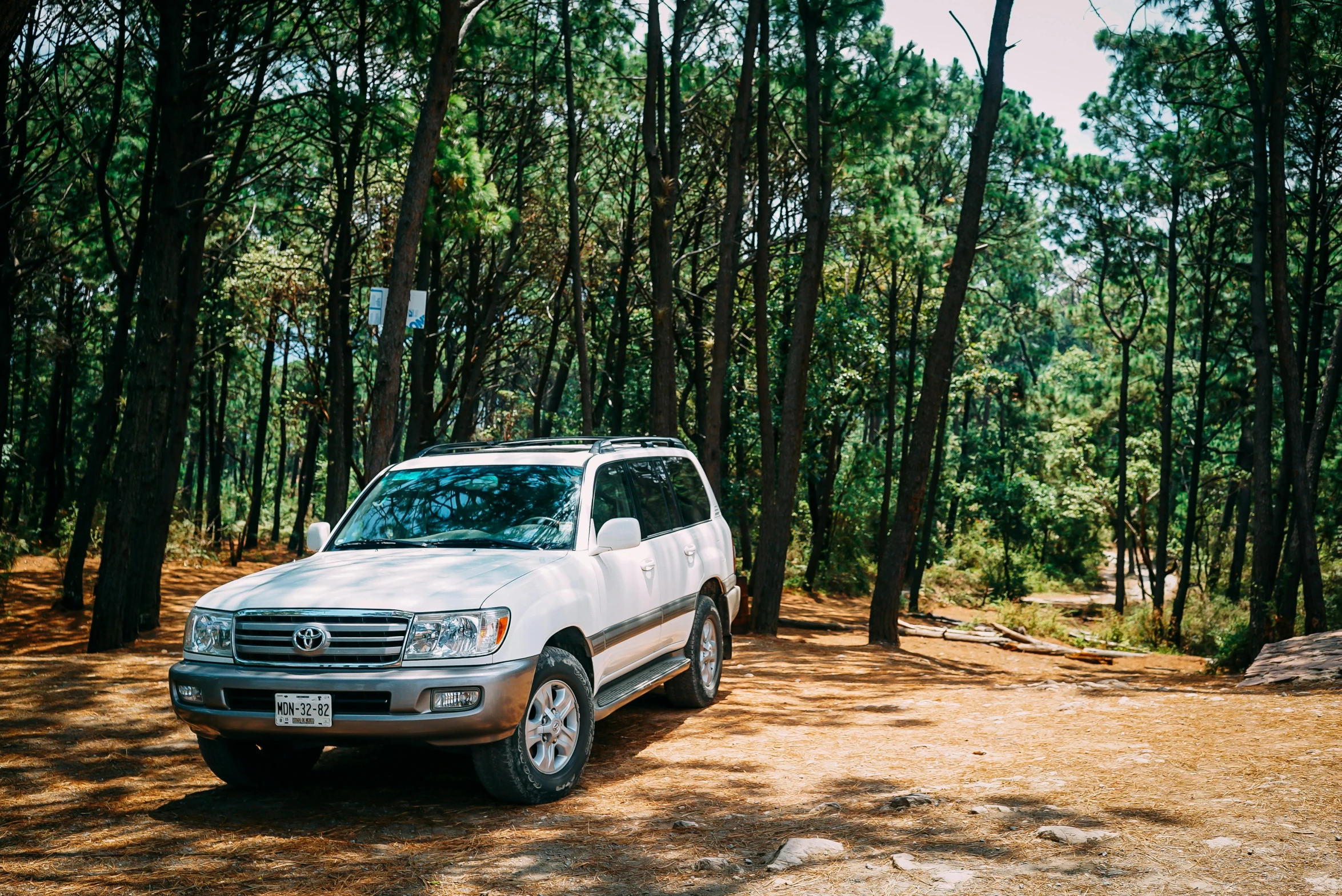 a white suv parked in the middle of a forest, a portrait, unsplash, shin hanga, nepal, 2000s photo, mexico, 🚿🗝📝