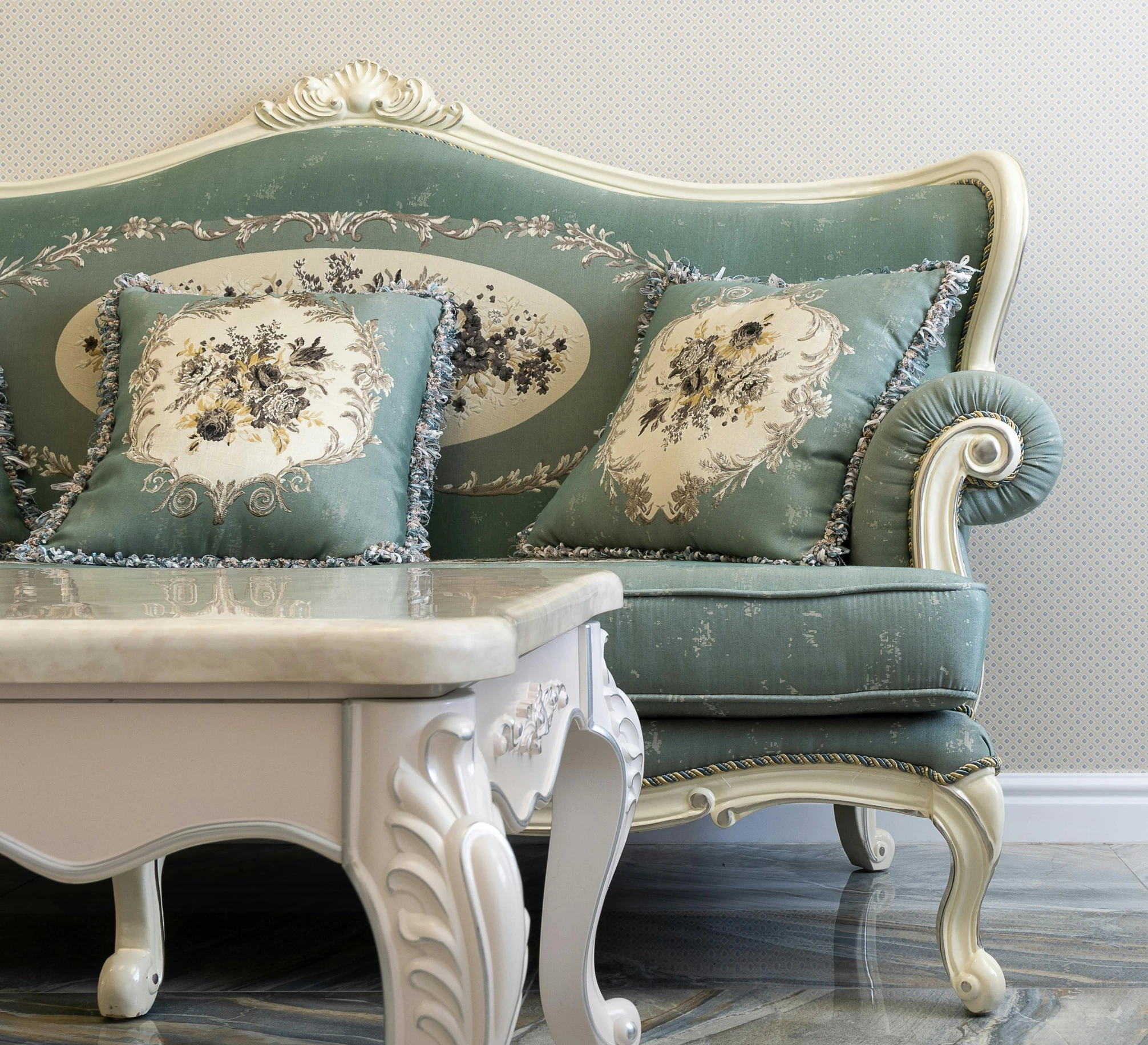 a couch and a table in a room, rococo, sea - green and white clothes, with high detail, vray 8k, closeup