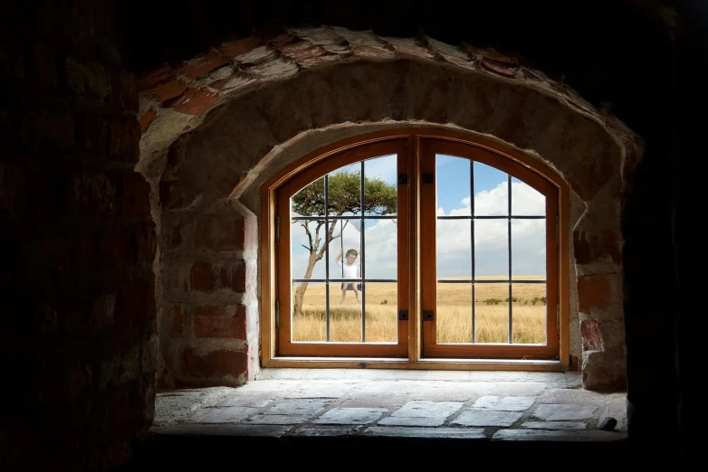 a window with a view of a giraffe in the distance, inspired by Storm Thorgerson, visual art, in an ancient vault, large open windows, heath clifford, best photos of the year