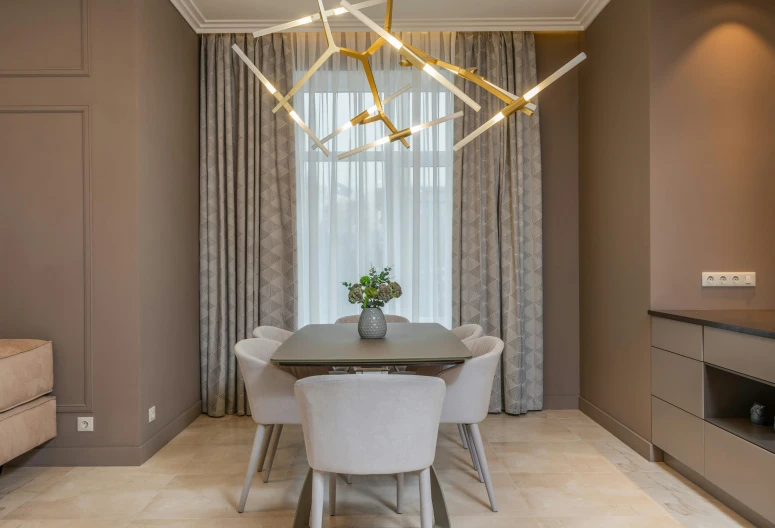 a dining room with a table and chairs, by Adam Marczyński, pexels contest winner, light and space, gold and luxury materials, taupe, dynamic lighting stars, chandelier