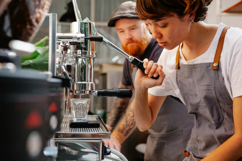 a man and a woman working in a coffee shop, by Lee Loughridge, pexels contest winner, espresso machine, very crisp details, manuka, thumbnail