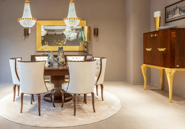 a dining room with a table and chairs, an art deco sculpture, trending on cg society, chaumet style, yellow carpeted, luxury item showcase, amanda lilleston