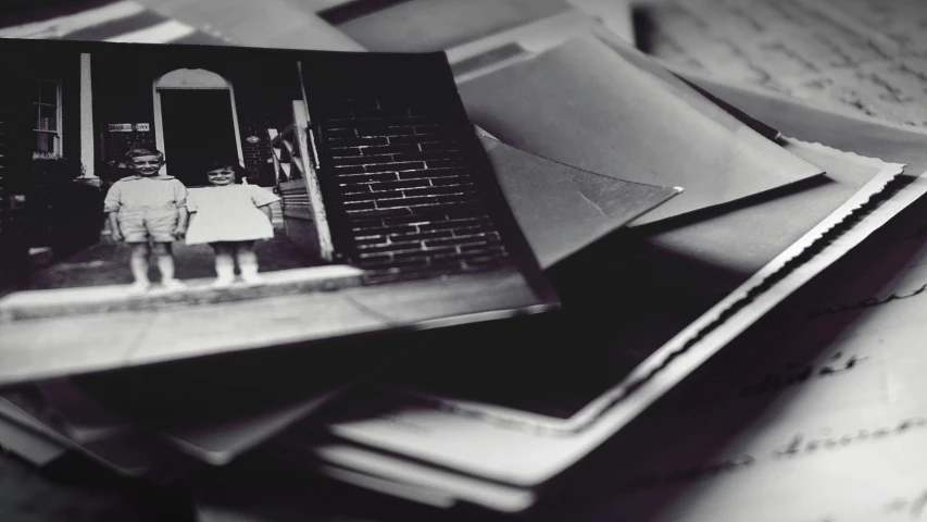 a couple of photos sitting on top of a pile of papers, a black and white photo, by Lucia Peka, unsplash, private press, old photobook, creepy backrooms, metal plate photograph, dimly lit scene