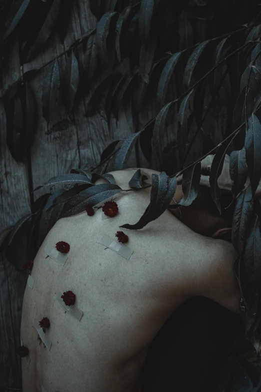 a woman with blood all over her body, inspired by Brooke Shaden, pexels contest winner, aestheticism, leaves and vines, showing her shoulder from back, bullet holes, amongst foliage