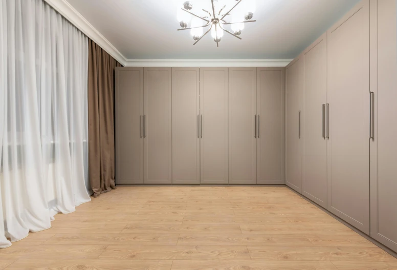 a room with a lot of closets and a chandelier, a 3D render, unsplash, beige, oak parquet, ultra realistic 8k octa photo, taupe