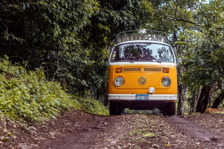 a yellow vw bus driving down a dirt road, a portrait, unsplash, in jungle forest !!!, avatar image, nostalgic 8k, hippie pad