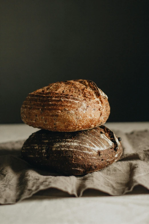 two loafs of bread stacked on top of each other, a portrait, unsplash, detailed product image, arched back, mineral grains, award winning dark