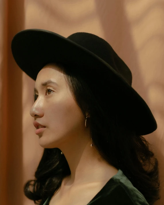 a woman wearing a black hat and a green dress, an album cover, inspired by Cheng Jiasui, trending on pexels, proud looking away, portrait of a museum art curator, ☁🌪🌙👩🏾, slightly defined jawline