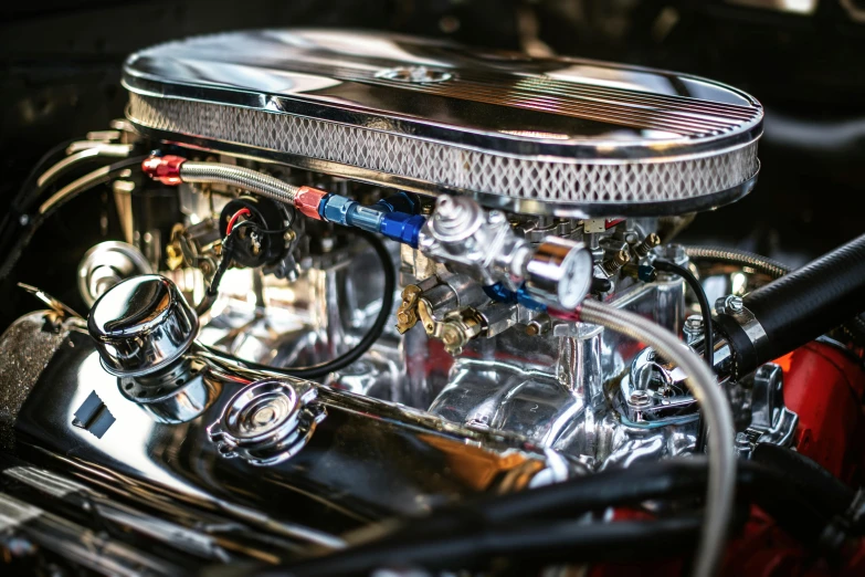 a close up of the engine of a car, by Joe Bowler, pexels contest winner, chrome plated, profile image, highly detailed image, full body close-up shot