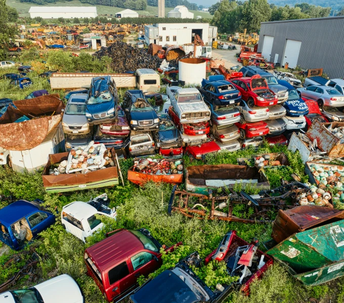 a large pile of junk sitting on top of a lush green field, unsplash, auto-destructive art, cars parked underneath, avatar image, trading depots, panoramic shot