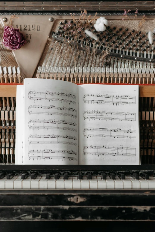 an open book sitting on top of a piano