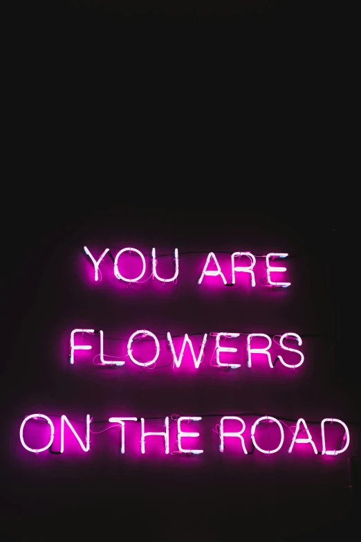 a neon sign that says you are flowers on the road, poster art, by Sara Saftleven, pexels, made of neon light, instagram post, profile image, made of flowers