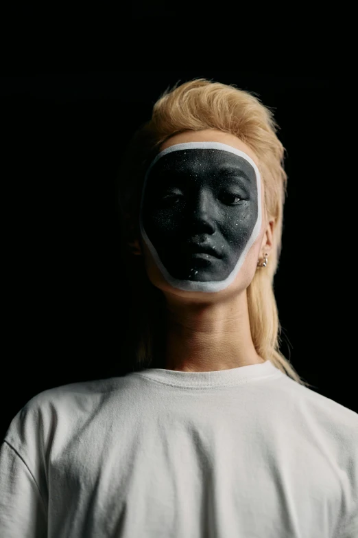 a close up of a person with a painted face, an album cover, inspired by Zhang Xiaogang, tumblr, white on black, symmetrical face and full body, with a white complexion, facemask