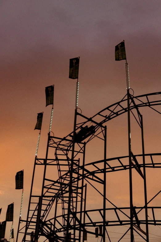 a ferris wheel in an amusement park at sunset, by The Family Circus, kinetic art, swarming swirling bats, profile image, massive vertical grand prix race, orange skies