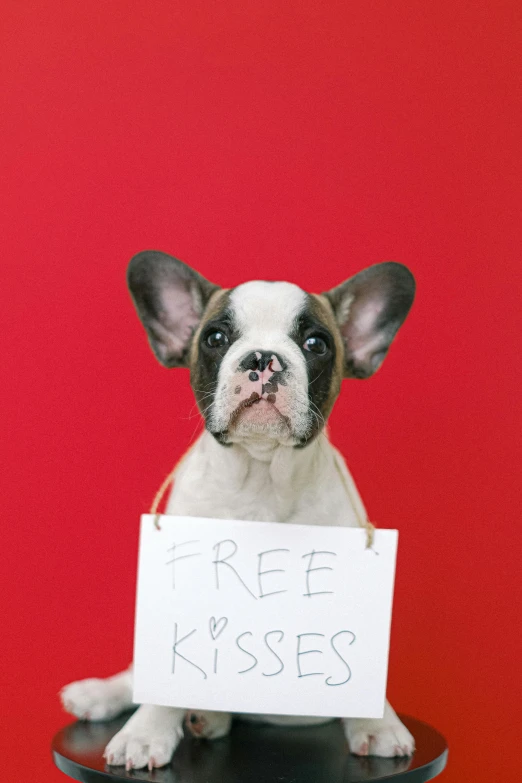 a small dog sitting on a stool holding a sign, pexels, renaissance, lesbian kiss, free, promotional image, french kiss