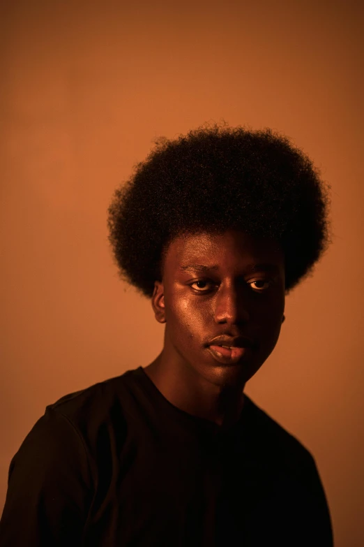 a man with an afro is posing for a picture, by Nathalie Rattner, soft evening lighting, adut akech, high resolution image, ( brown skin )