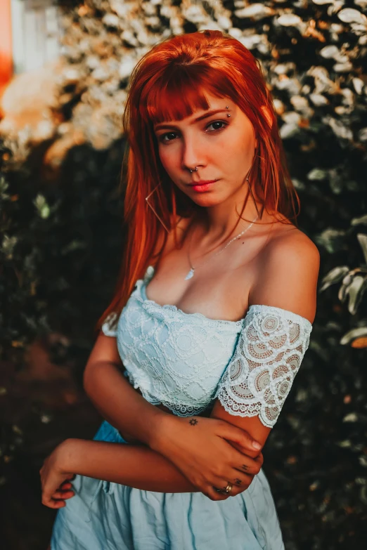 a woman with red hair posing for a picture, an album cover, inspired by Elsa Bleda, pexels contest winner, russian girlfriend, succubus in sundress portrait, attractive young woman, wearing a cute top