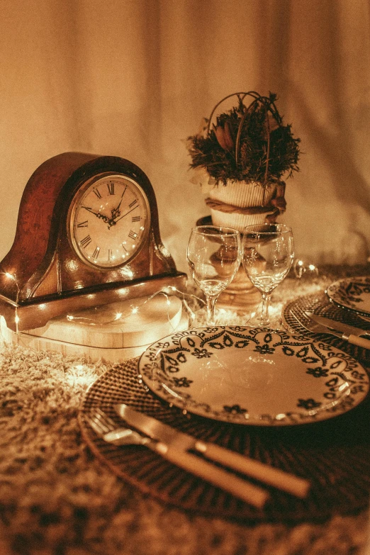 a clock sitting on top of a table next to a plate, lights, decorations, vintage theme, profile image