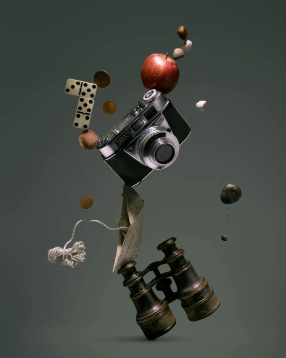 an apple sitting on top of a camera next to a pair of binoculars, a still life, by Ben Zoeller, exploding, film key art, behance lemanoosh, jumping at the viewer