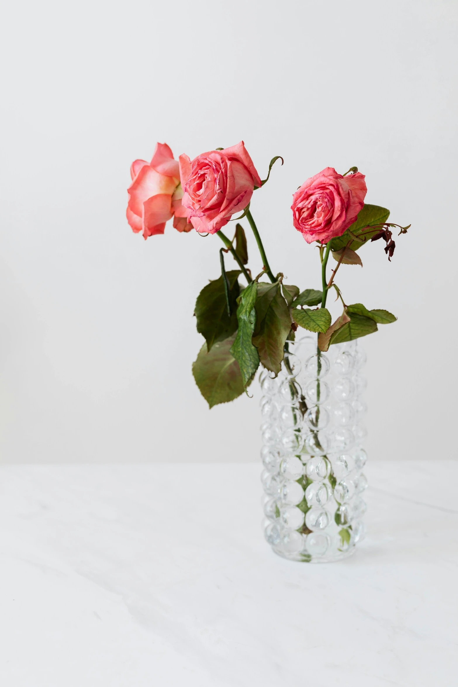 a vase filled with pink roses sitting on a table, clear cross hatching, cast glass, 3 - piece, sunday