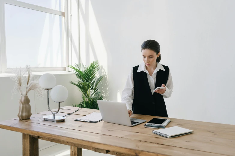 a woman standing in front of a laptop computer, trending on pexels, private press, standing on a desk, basil gogos, empty office, a woman holding an orb