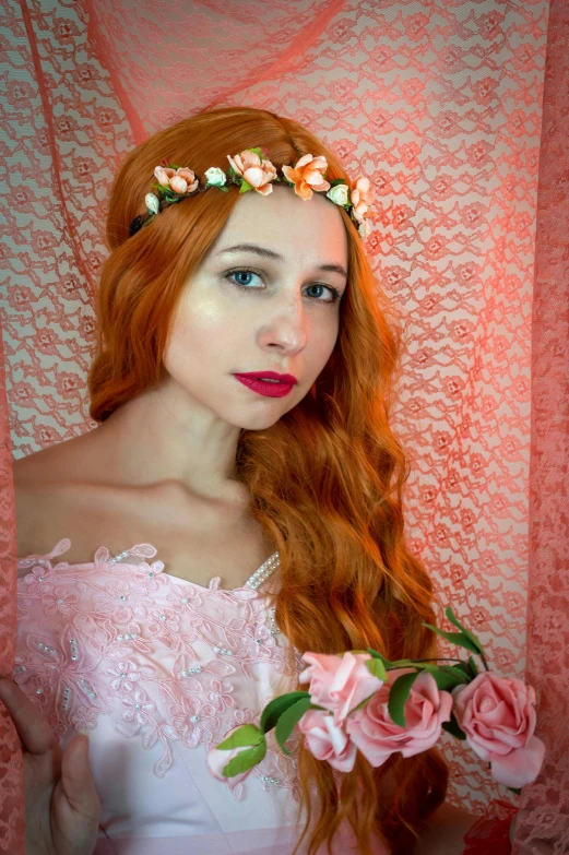 a woman with long red hair wearing a flower crown, inspired by Carl Larsson, pixabay contest winner, portrait of princess peach, low quality photo, boudoir, mid shot photo