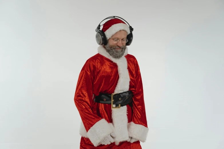 a man dressed in a santa suit and headphones, terry gilliam, official product photo, full costume, dale gribble