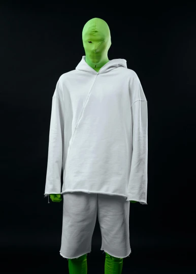 a mannequin dressed in a white hoodie and shorts, inspired by jeonseok lee, neo-dada, shrek as neo from the matrix, “hyper realistic, detailed product image, an alien