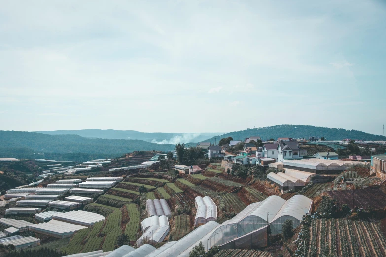 a view of a village from the top of a hill, pexels contest winner, sumatraism, hydroponic farms, greenhouse in the background, sunfaded, promo image