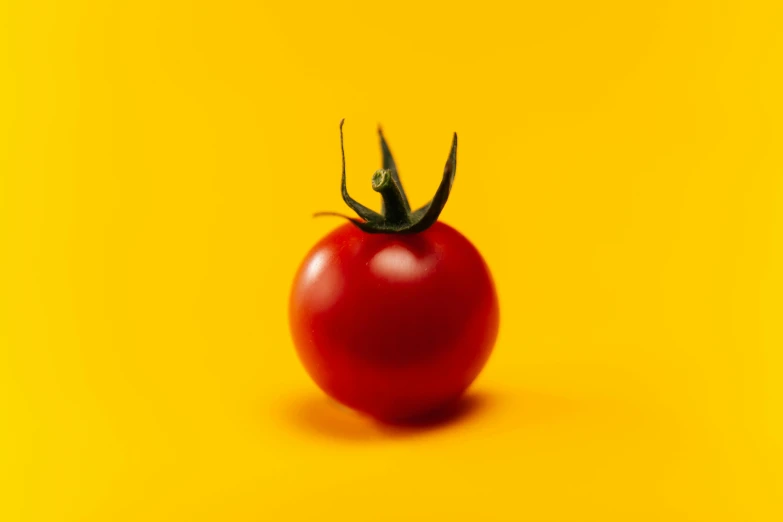 a red tomato on a yellow background, by Gavin Hamilton, unsplash, hyperrealism, shot on sony a 7, cherry, vegetable, 15081959 21121991 01012000 4k